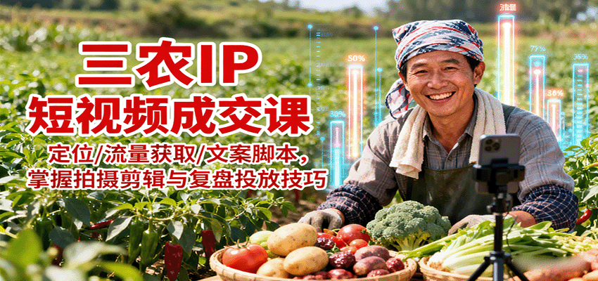 三农IP短视频成交课：定位/流量获取/文案脚本，掌握拍摄剪辑与复盘投放技巧-摇钱述网创