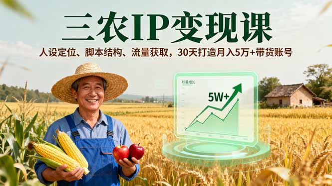 三农IP变现课,人设定位、脚本结构、流量获取,30天打造月入5万+带货账号-摇钱述网创