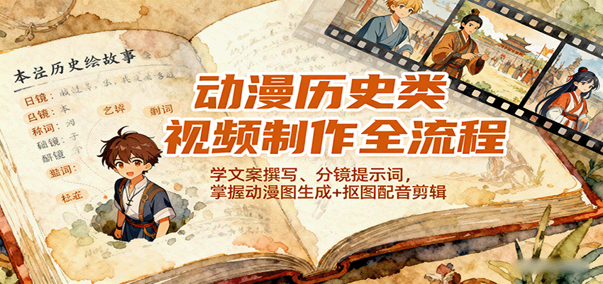 动漫历史类视频制作全流程，学文案撰写、分镜提示词，掌握动漫图生成+抠图配音剪辑-摇钱述网创