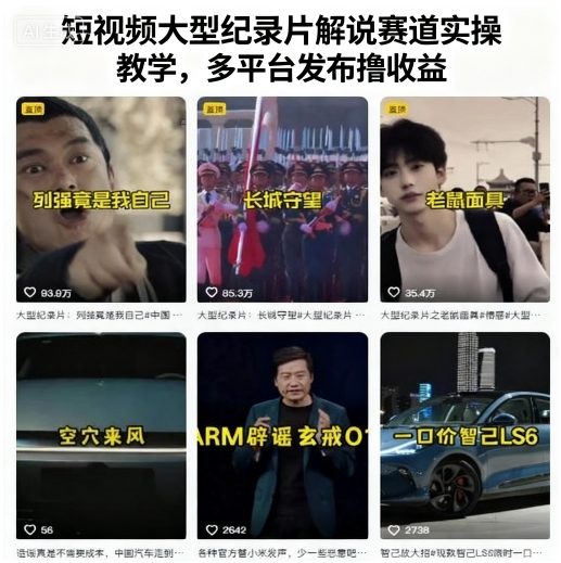短视频大型纪录片解说赛道实操教学，多平台发布撸收益-摇钱述网创