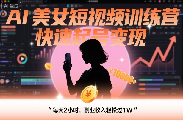 AI美女短视频训练营,快速起号变现,每天2小时,副业收入轻松过1W-摇钱述网创