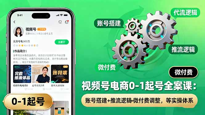 视频号电商0-1起号全案课:账号搭建+推流逻辑+微付费调整,等实操体系-摇钱述网创