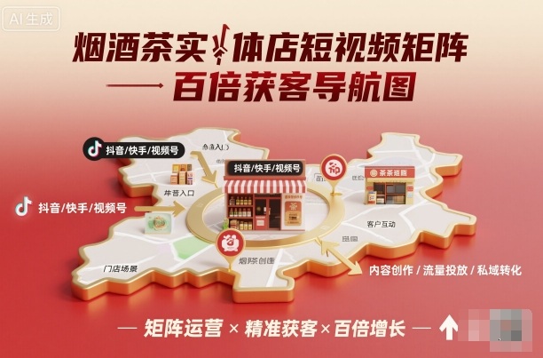 烟酒茶实体店短视频矩阵百倍获客导航图-摇钱述网创