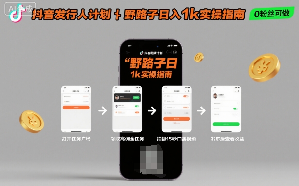 抖音发行人计划全新野路子玩法,随时随地,只要有手机,就能操作,日入1k+【揭秘】-摇钱述网创