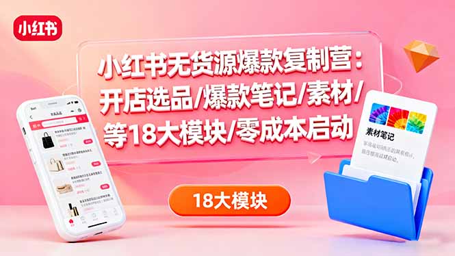 小红书无货源爆款复制营:开店选品/爆款笔记/素材/等18大模块/零成本启动-摇钱述网创