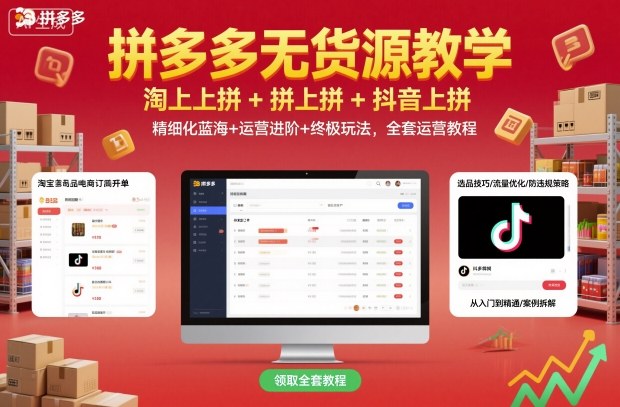 拼多多无货源教学,淘上拼+拼上拼+抖上拼,精细化蓝海+运营进阶+终极玩法,全套运营教程-摇钱述网创