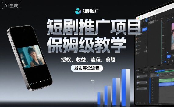 短剧推广项目保姆级教学,授权、收益、流程、剪辑,发布等全流程-摇钱述网创