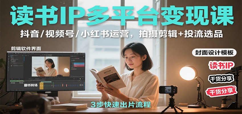 读书IP多平台变现课:抖音/视频号/小红书运营,拍摄剪辑+投流选品-摇钱述网创