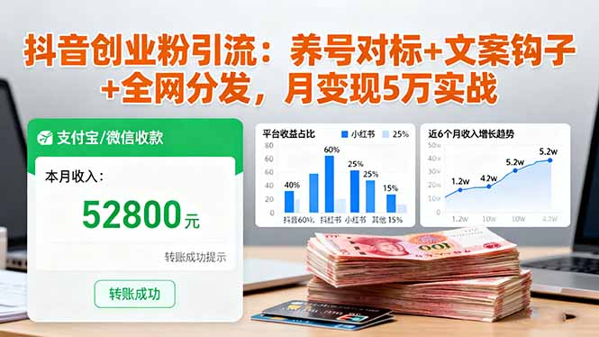 抖音创业粉引流:养号对标+文案钩子+全网分发,月变现5万实战-摇钱述网创