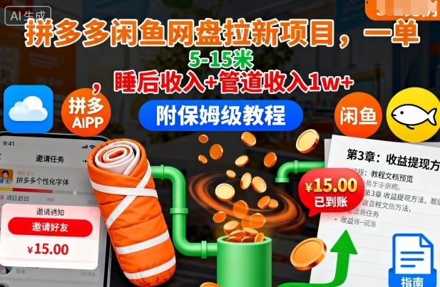 拼多多闲鱼网盘拉新项目,一单5-15米,睡后收入+管道收入1w+(附保姆级教程)-摇钱述网创