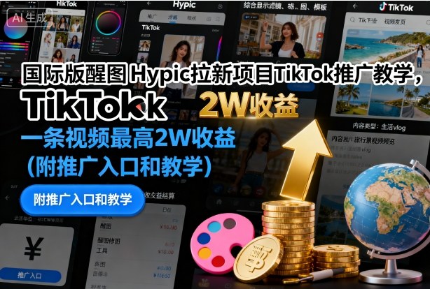 国际版醒图Hypic拉新项目TikTok推广教学,一条视频最高2W收益(附推广入口和教学)-摇钱述网创