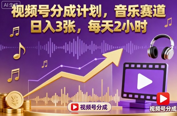 视频号分成计划，音乐赛道，日入3张，每天2小时-摇钱述网创