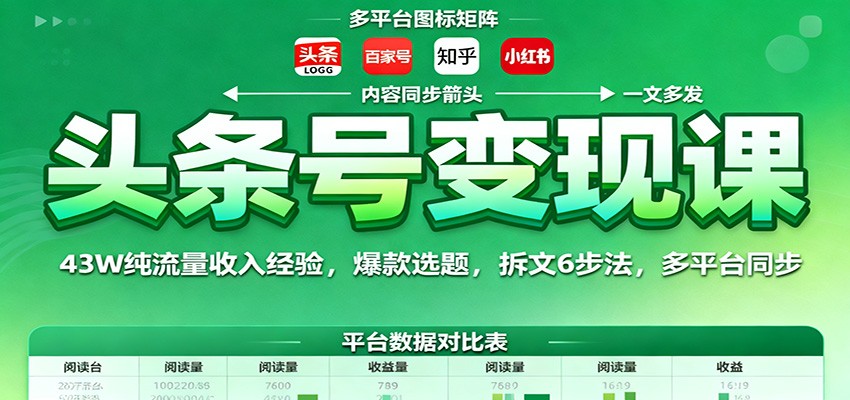 头条号变现课:43W纯流量收入经验,爆款选题,拆文6步法,多平台同步-摇钱述网创