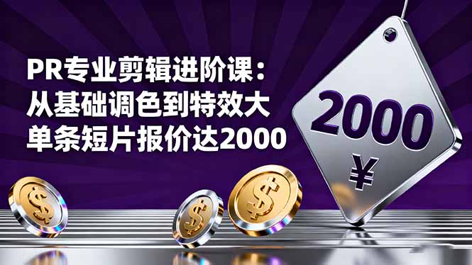 PR专业剪辑进阶课:从基础调色到特效大片的进阶技能,单条短片报价达2000-摇钱述网创