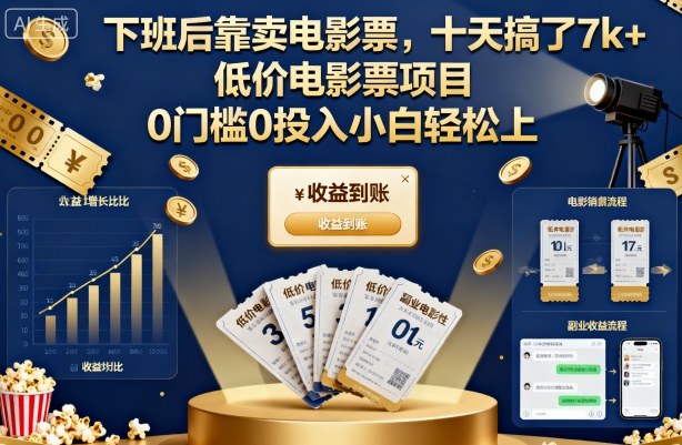 下班后靠卖电影票，十天搞了7k+，低价电影票项目，0门槛0投入小白轻松上手【揭秘】-摇钱述网创