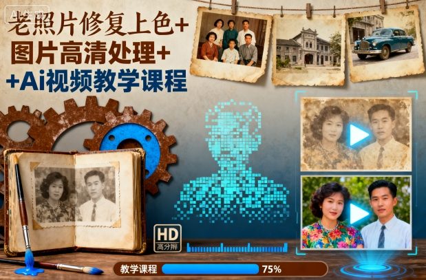 老照片修复上色+图片高清处理+Ai视频教学课程-摇钱述网创