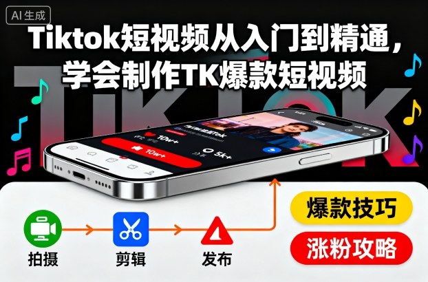 Tiktok短视频从入门到精通,学会制作TK爆款短视频-摇钱述网创