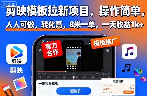 剪映模板拉新项目,操作简单,人人可做,转化高,8米一单,一天收益1k+-摇钱述网创