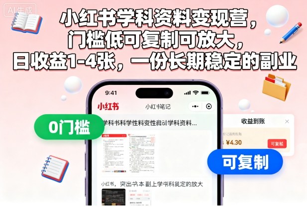 小红书学科资料变现营，门槛低可复制可放大，日收益1-4张，一份长期稳定的副业-摇钱述网创