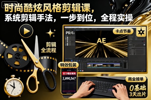 时尚酷炫风格剪辑课,系统剪辑手法,一步到位,全程实操-摇钱述网创