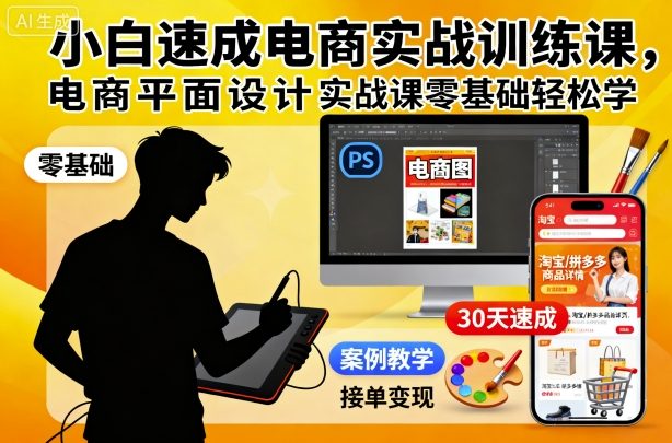 小白速成电商实战训练课,电商平面设计实战课零基础轻松学-摇钱述网创