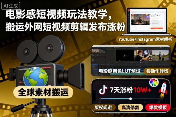 电影感短视频玩法教学,搬运外网短视频剪辑发布涨粉-摇钱述网创