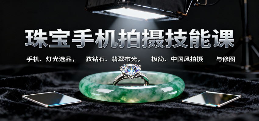 珠宝手机拍摄技能课:手机、 灯光选品,教钻石、翡翠布光,极简、中国风拍摄与修图-摇钱述网创