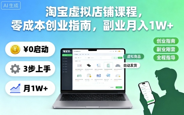 淘宝虚拟店铺课程,零成本创业指南,副业月入1W+-摇钱述网创