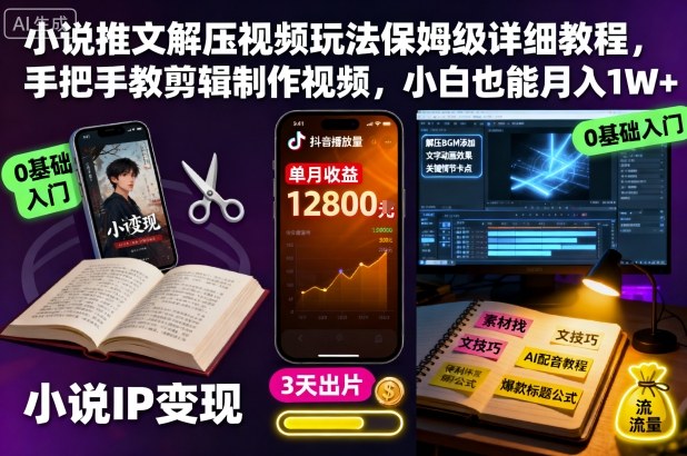小说推文解压视频玩法保姆级详细教程,手把手教剪辑制作视频,小白也能月入1W+-摇钱述网创