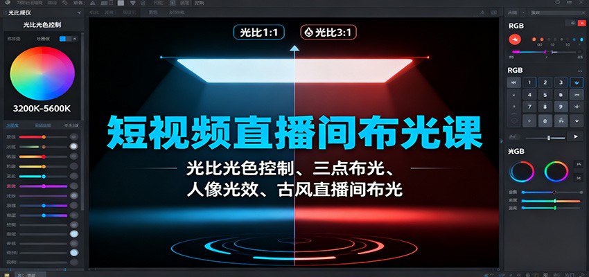 短视频直播间布光课:光比光色控制、三点布光、人像光效、古风直播间布光-摇钱述网创