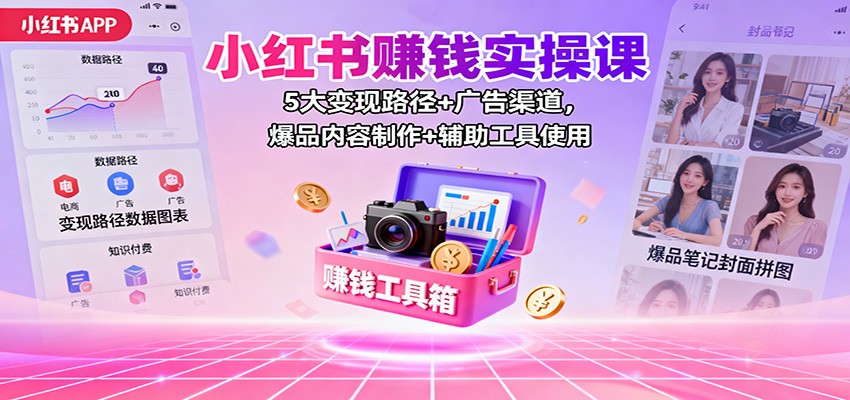 小红书赚钱实操课:5大变现路径+广告渠道,爆品内容制作+辅助工具使用-摇钱述网创