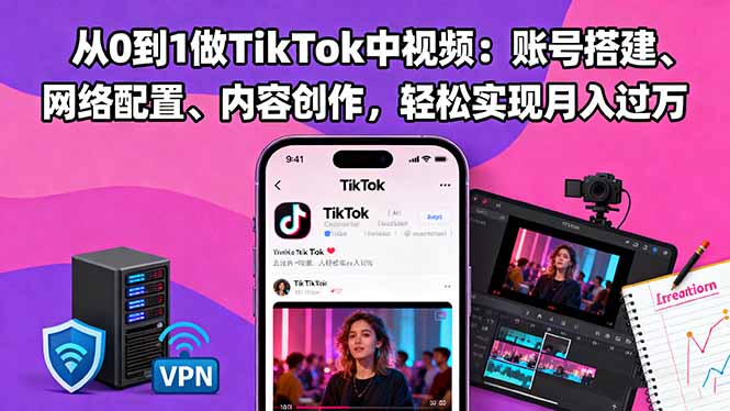 从0到1做TikTok中视频：账号搭建、网络配置、内容创作，轻松实现月入过万-摇钱述网创