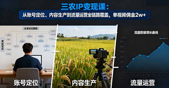 三农IP变现课：从账号定位、内容生产到流量运营全链路覆盖，单视频佣金2w+-摇钱述网创