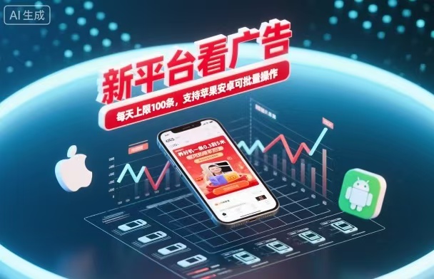 新台看广告，养好机一条5毛到5块，单机日入30到100，支持苹果安卓，可批量操作。-摇钱述网创