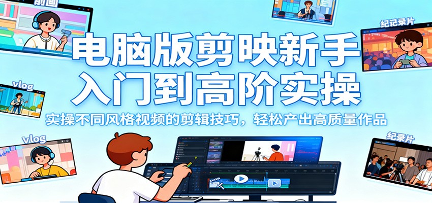 电脑版剪映新手入门到高阶实操，实操不同风格视频的剪辑技巧，轻松产出高质量作品-摇钱述网创